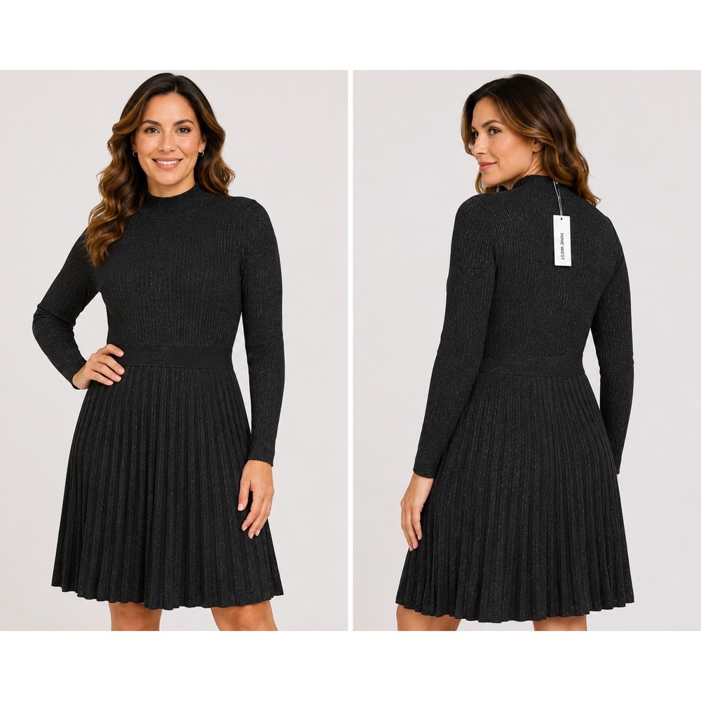 Nine West Womens XL Black Metallic Mock Neck Long Sleeve Pleated Sweater Dress